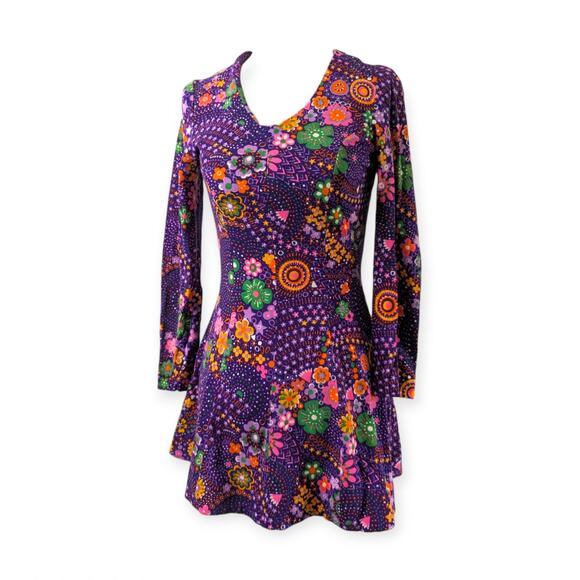 Handmade Skater Dress - Women's XS 1970s 80s purple stretch knit - Picture 1 of 6